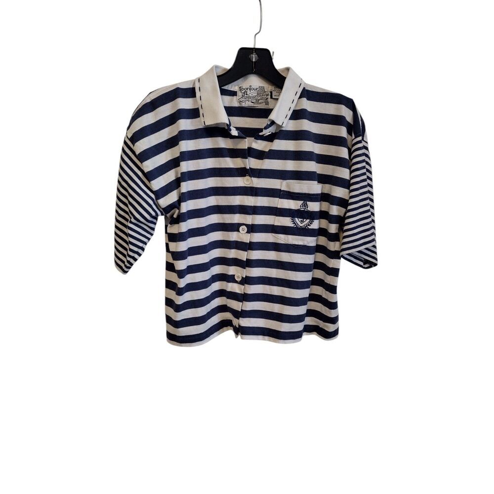 Vintage Bonjour Navy Blue and white collared crop‎ top